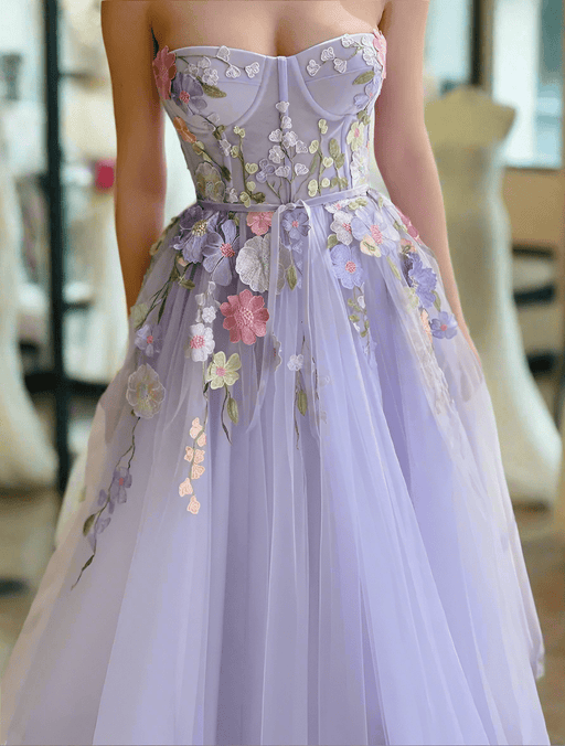 Lavender Lilac Boho Casual Garden Wedding or Party Dress with 3D Flowers - Lumina Brides