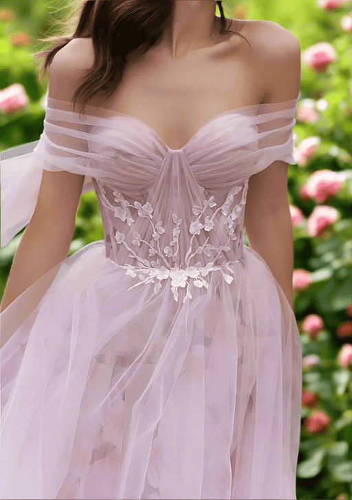 Light Baby Pink Floral Chiffon Casual Wedding or Ceremony Dress with Back Bow - Lumina Brides