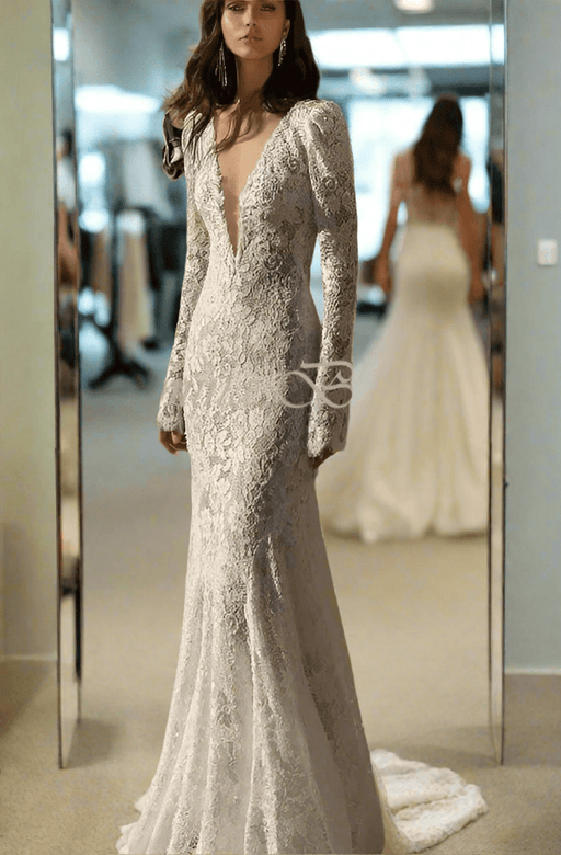 Long Sleeved Backless Ivory Mermaid Wedding Dress - Lumina Brides