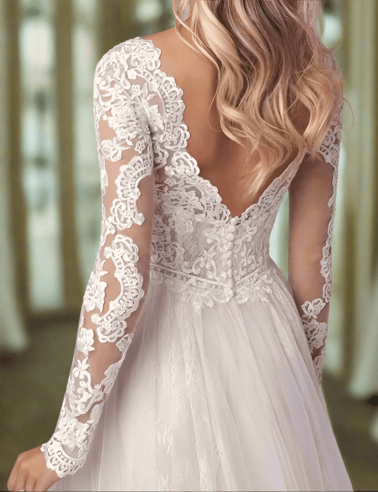 Lovely Chiffon & Soft Ivory Lace Boho Wedding Dress with V Back - Lumina Brides