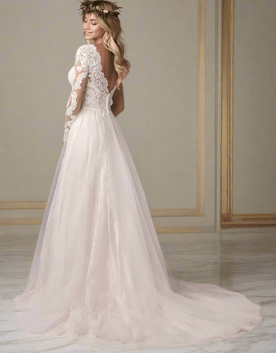 Lovely Chiffon & Soft Ivory Lace Boho Wedding Dress with V Back - Lumina Brides