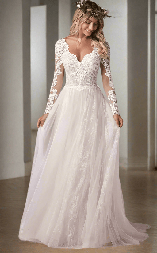 Lovely Chiffon & Soft Ivory Lace Boho Wedding Dress with V Back - Lumina Brides