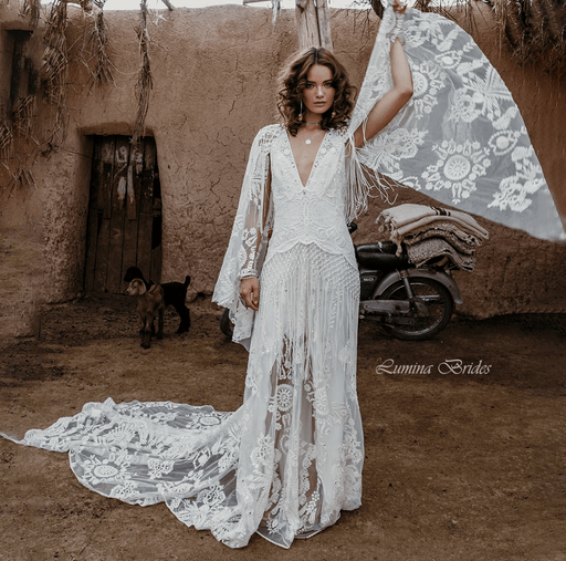 Lovely Crochet Lace Boho Wedding Dress with Dramatic Sleeves & Wrist Loop - Lumina Brides