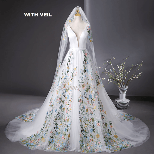 Lovely Floral Ivory Boho Wedding Dress & Matching Veil - Optional Sleeves - Lumina Brides