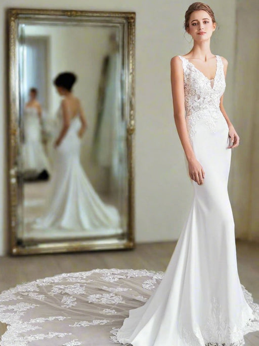 Lovely Mermaid Style Stretch Satin & Lace Wedding Dress with Petal Train - Lumina Brides