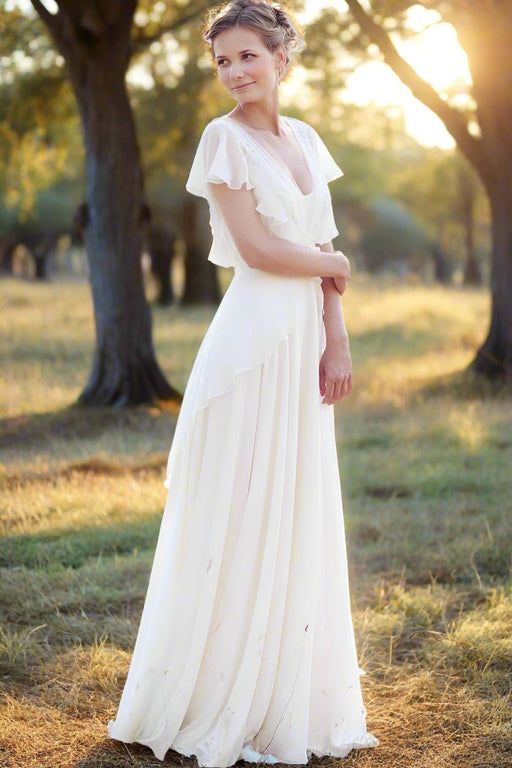 Lovely Off White Chiffon Boho Wedding Dress with Flutter Sleeves - Lumina Brides