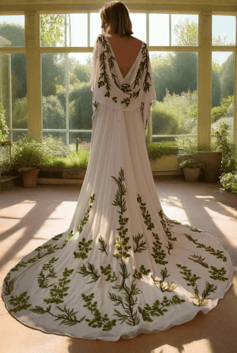 Lovely White Modest Boho Garden Wedding Dress with Leaf Embroidery - Lumina Brides