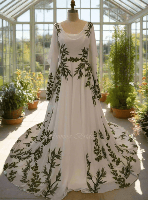 Lovely White Modest Boho Garden Wedding Dress with Leaf Embroidery - Lumina Brides