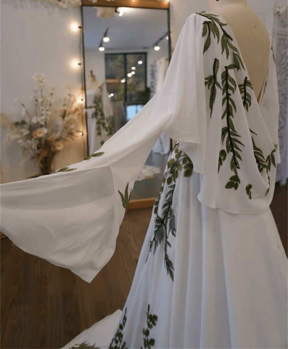 Lovely White Modest Boho Garden Wedding Dress with Leaf Embroidery - Lumina Brides