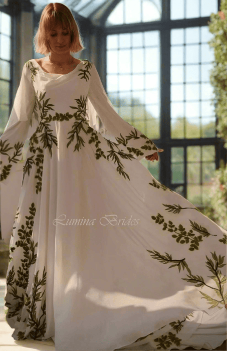 Lovely White Modest Boho Garden Wedding Dress with Leaf Embroidery - Lumina Brides