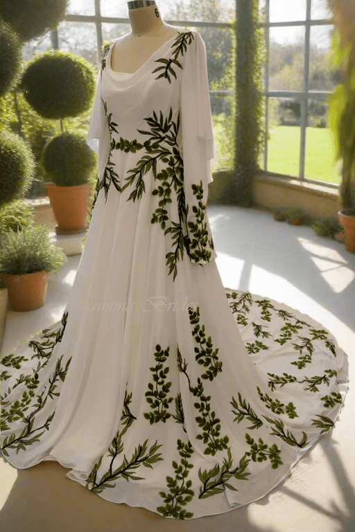 Lovely White Modest Boho Garden Wedding Dress with Leaf Embroidery - Lumina Brides