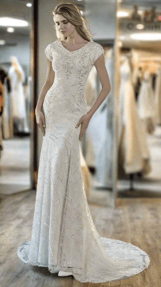 Mermaid Style Modest Ivory & Silver Wedding Dress with Crystal Lace - Lumina Brides