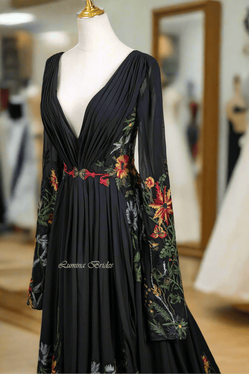 Midnight Garden Black Chiffon Floral Boho Wedding Dress - Lumina Brides