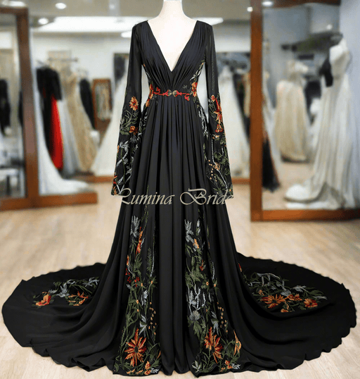 Midnight Garden Black Chiffon Floral Boho Wedding Dress - Lumina Brides