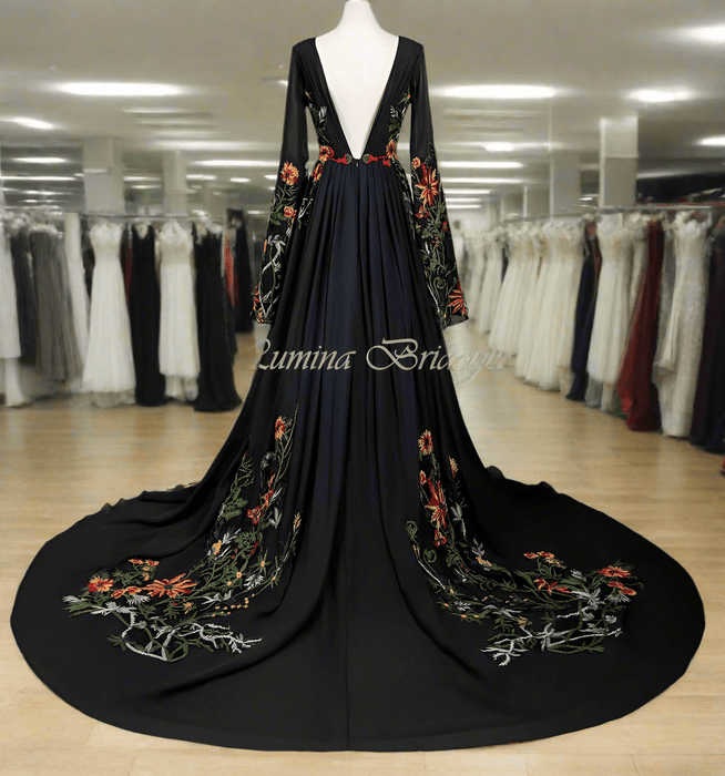 Midnight Garden Black Chiffon Floral Boho Wedding Dress - Lumina Brides