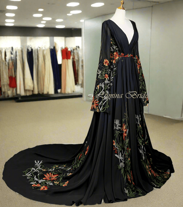 Midnight Garden Black Chiffon Floral Boho Wedding Dress - Lumina Brides