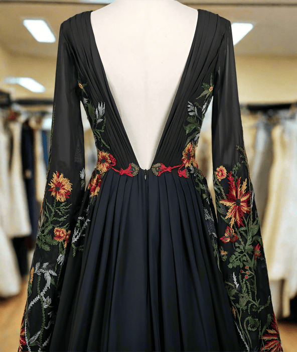 Midnight Garden Black Chiffon Floral Boho Wedding Dress - Lumina Brides