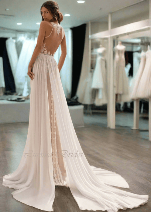 Minimalist Ivory Backless Beach Wedding Dress with Pearl String Straps - Lumina Brides