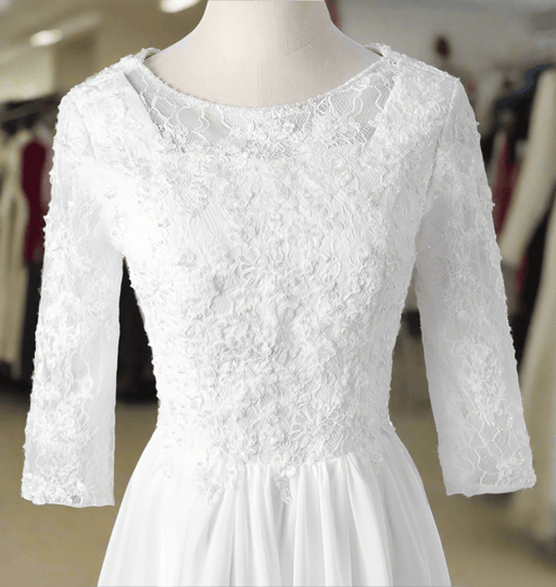 Modest A Line Chiffon & Lace Wedding Dress with 3/4 Sleeves - Lumina Brides