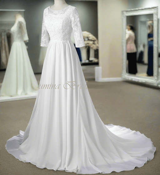 Modest A Line Chiffon & Lace Wedding Dress with 3/4 Sleeves - Lumina Brides