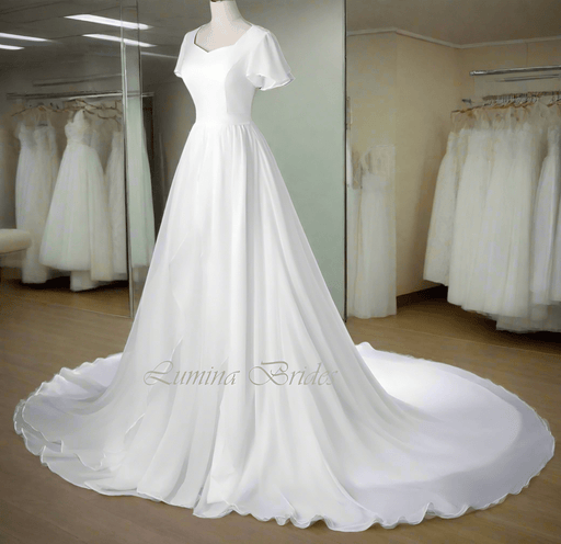 Modest Chiffon A Line Simple Plain Wedding Dress with Waterfall Skirt - Lumina Brides