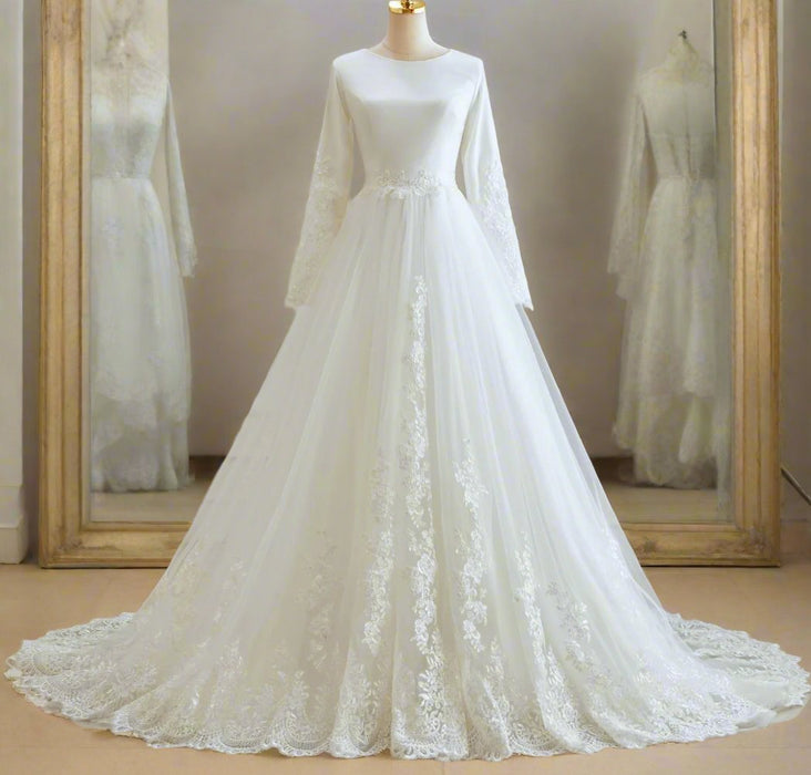 Modest Classic Style Satin Ivory or White Wedding Dress with Lace - Lumina Brides