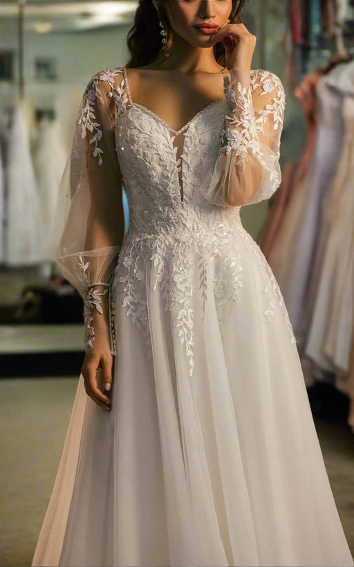 Modest Ivory Chiffon & Lace Wedding Dress with Silk Button Back - Lumina Brides