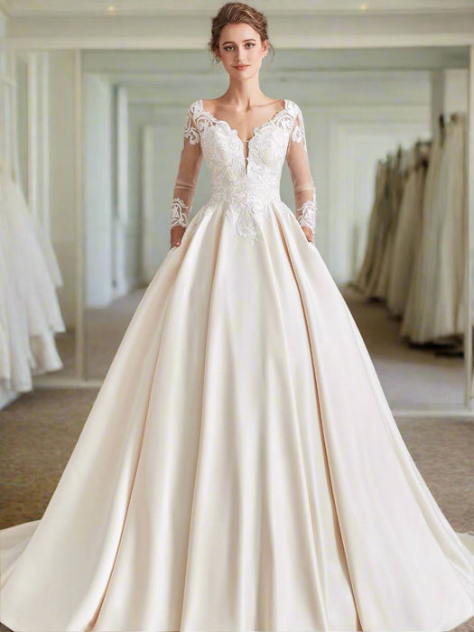 Modest Plain Ivory Cream Satin Ball Gown Wedding Dress with Pockets - Lumina Brides