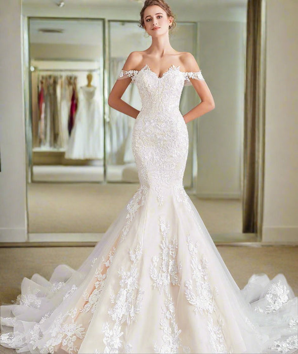 Off Shoulder Mermaid Style Ivory Wedding Dress with Fishtail Train - Lumina Brides