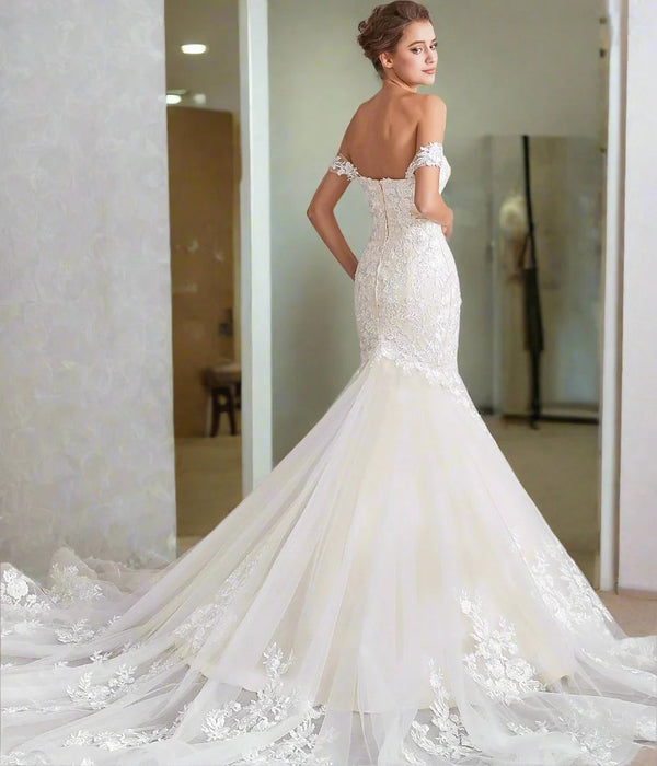 Off Shoulder Mermaid Style Ivory Wedding Dress with Fishtail Train - Lumina Brides