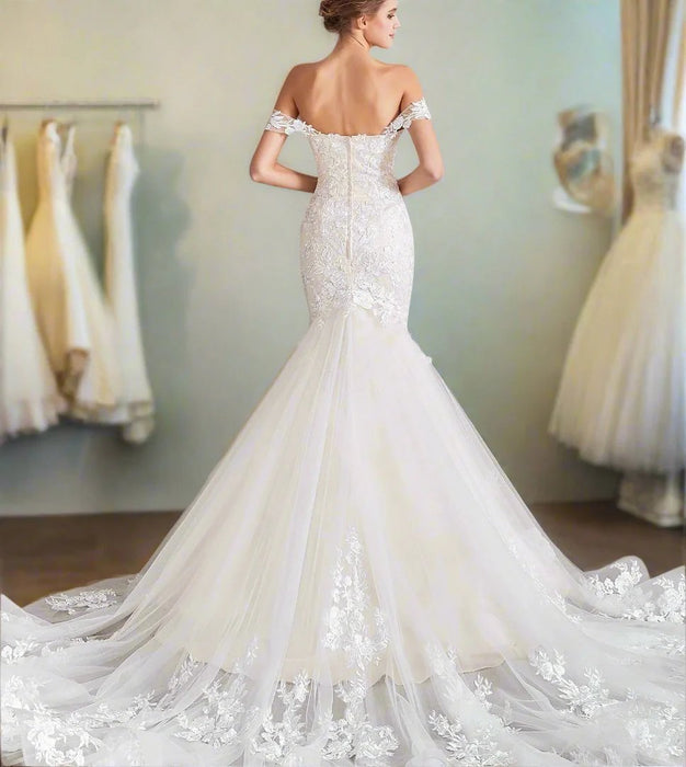 Off Shoulder Mermaid Style Ivory Wedding Dress with Fishtail Train - Lumina Brides