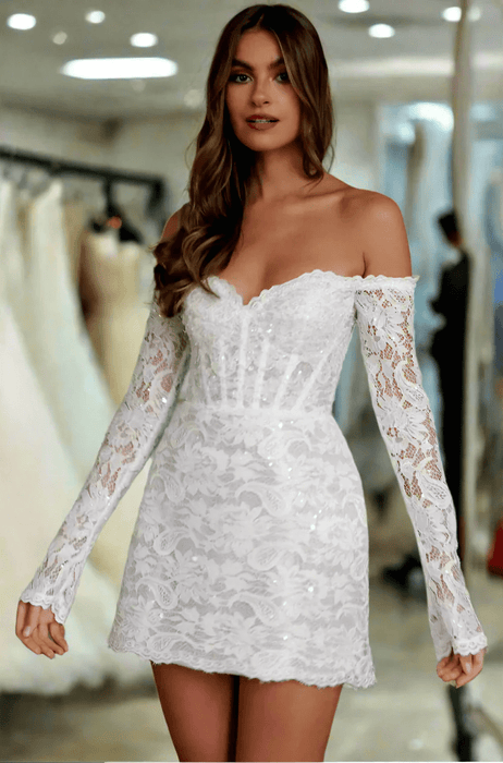 Off Shoulder Short Mini Wedding Dress with Floral Lace & Corset Back - Lumina Brides