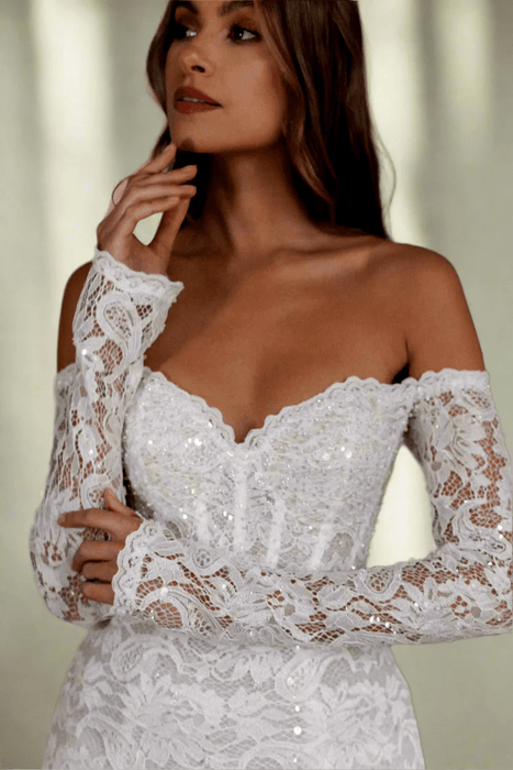 Off Shoulder Short Mini Wedding Dress with Floral Lace & Corset Back - Lumina Brides