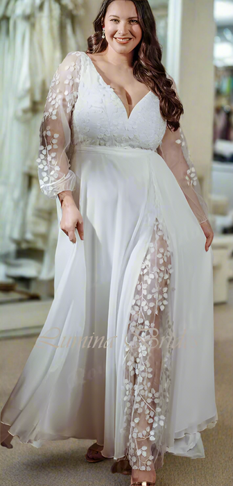 Lightweight Chiffon Plus Size Wedding Dress with Leaf Pattern