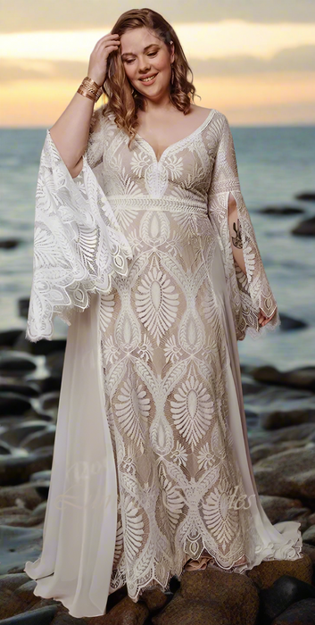 Plus Size Beige Satin Boho Casual Wedding Dress with Ivory Lace