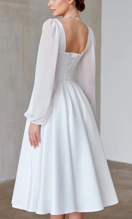 Satin & Chiffon Casual Tea Length Wedding Dress with Corset Back