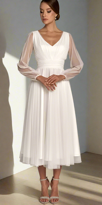 Lovely Modest Casual Tea Length Wedding Dress with High Back
