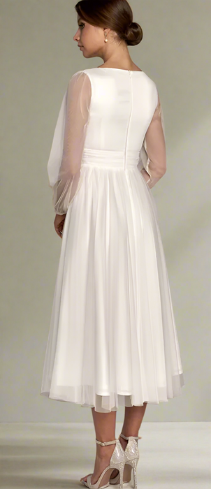 Lovely Modest Casual Tea Length Wedding Dress with High Back