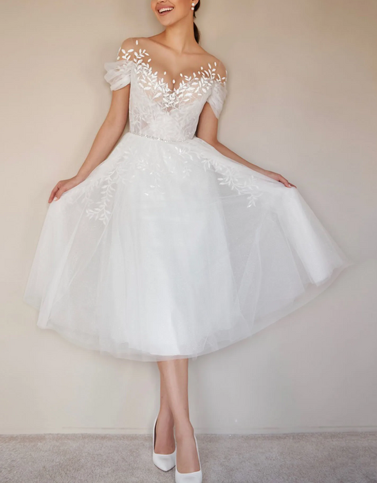 Modern Boho Casual Tea Length Wedding Dress with Leaf Lace