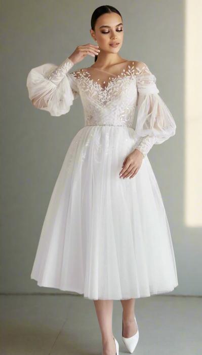 Modern Boho Casual Tea Length Wedding Dress with Leaf Lace