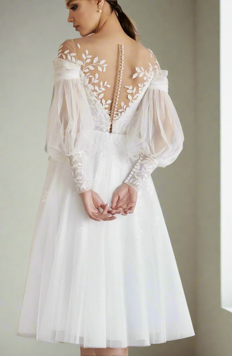 Modern Boho Casual Tea Length Wedding Dress with Leaf Lace