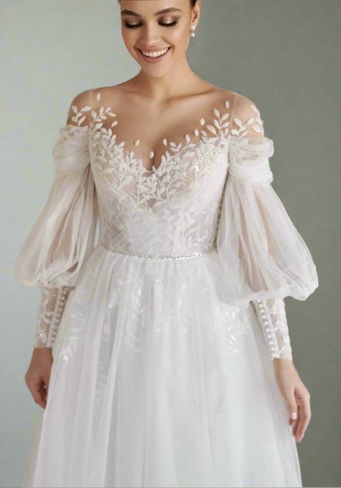 Modern Boho Casual Tea Length Wedding Dress with Leaf Lace