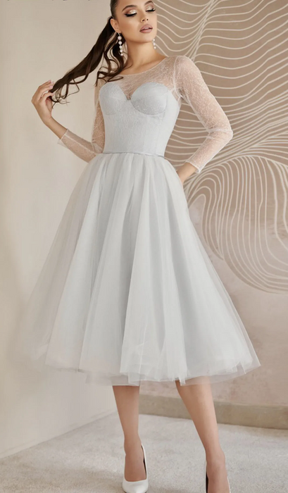 Cold Shoulder Satin 3/4 Tea Length Wedding Dress with Sheer Lace Bolero