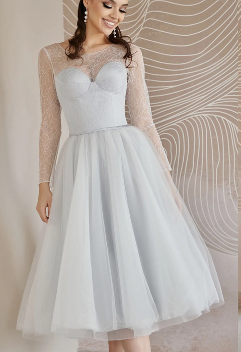 Cold Shoulder Satin 3/4 Tea Length Wedding Dress with Sheer Lace Bolero
