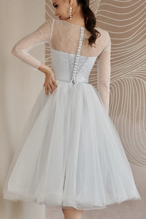 Cold Shoulder Satin 3/4 Tea Length Wedding Dress with Sheer Lace Bolero