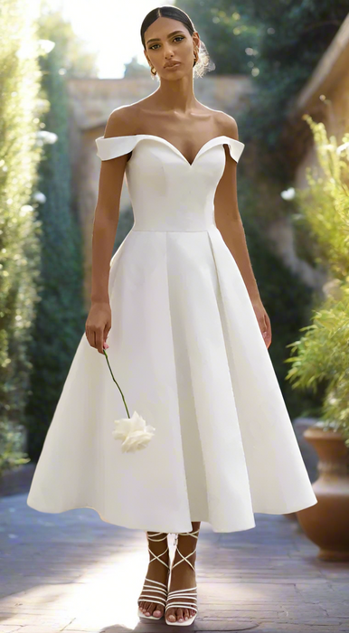 Classy Satin 3/4 Tea Length Wedding Dress with Portrait Neck & Pockets