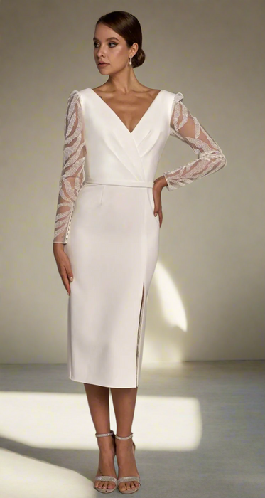 Lovely Satin Tea Length Sheath Wedding Dress with Sheer Sleeves