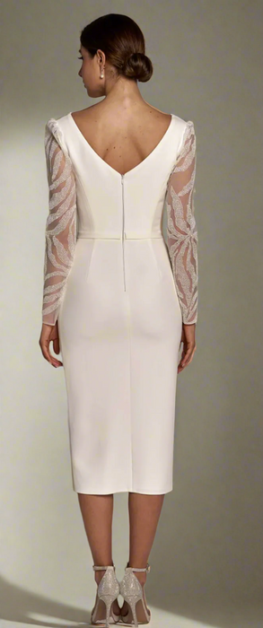 Lovely Satin Tea Length Sheath Wedding Dress with Sheer Sleeves