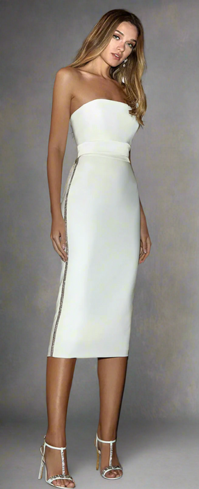Stretchy Satin Sheath Tea Length Wedding Dress with Detachable Sleeves