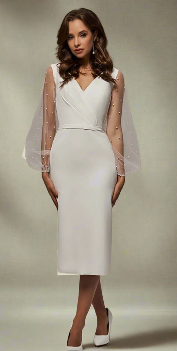 Elegant Simple Satin Tea Length Wedding Dress with Pearl Sleeves